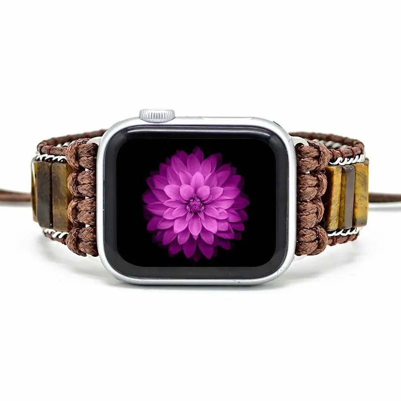 Rectangular tiger eye stone chain on a brown textile adjustable watch strap for men.