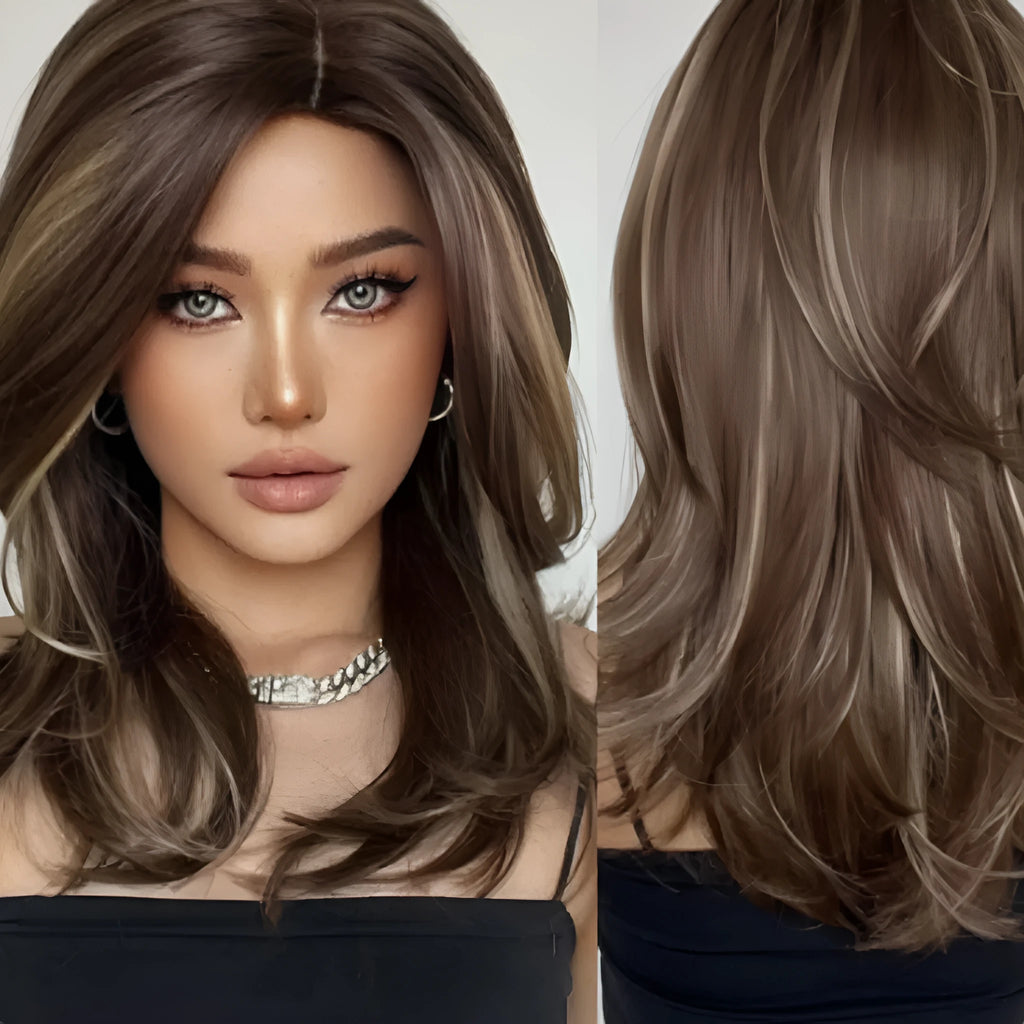 Mid-length curly gradient colour wig in high-temperature fibre on a stand.