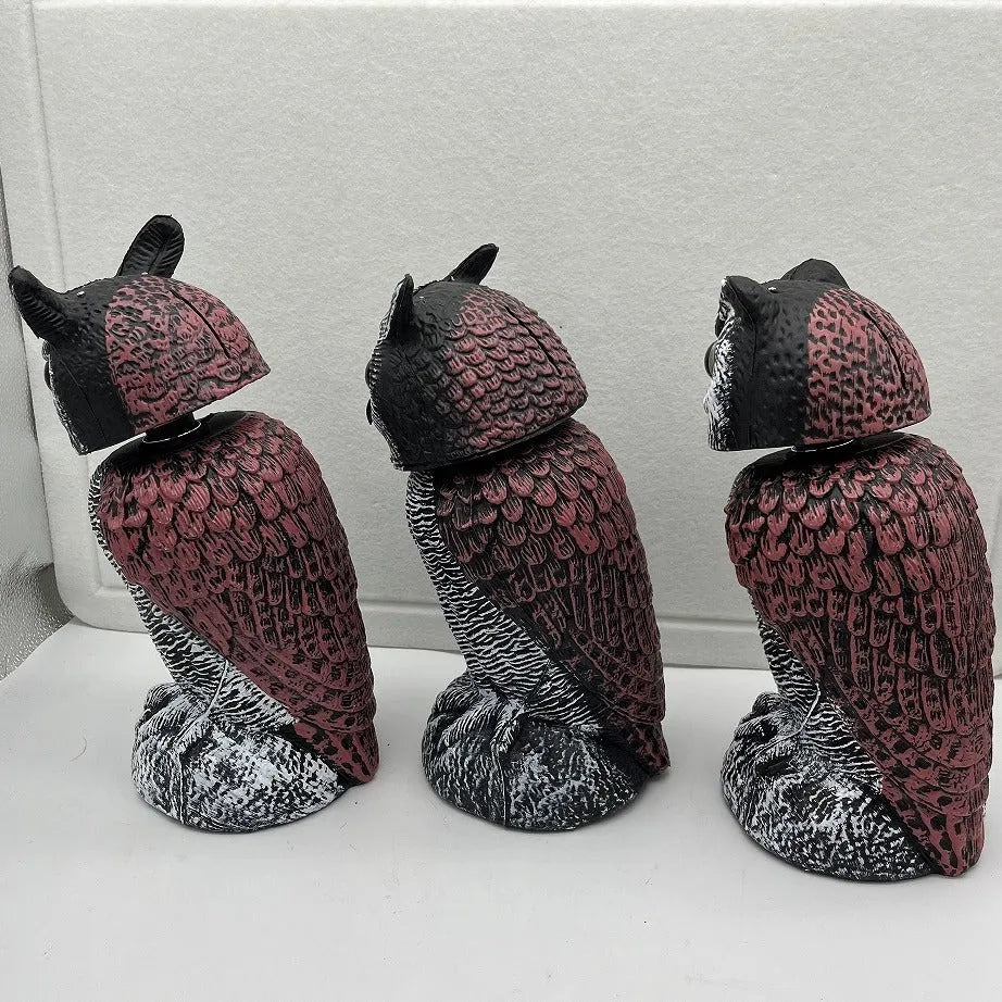 PE plastic artificial owl decoy ornament for scaring birds outdoors, shown in packaging.