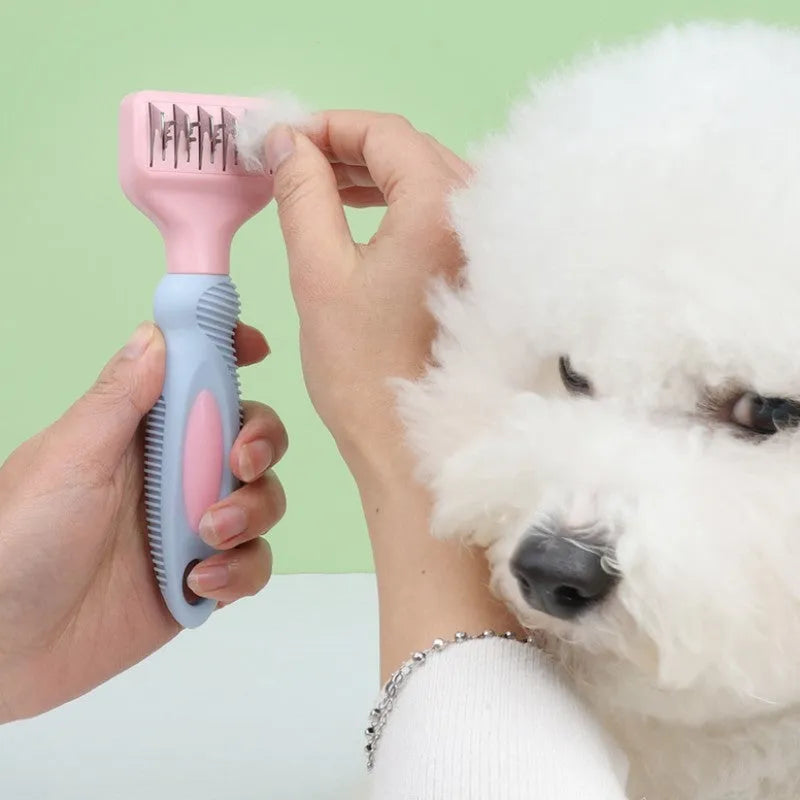 Stainless steel dog comb with knot knife measuring 170mm in pink and purple colour options