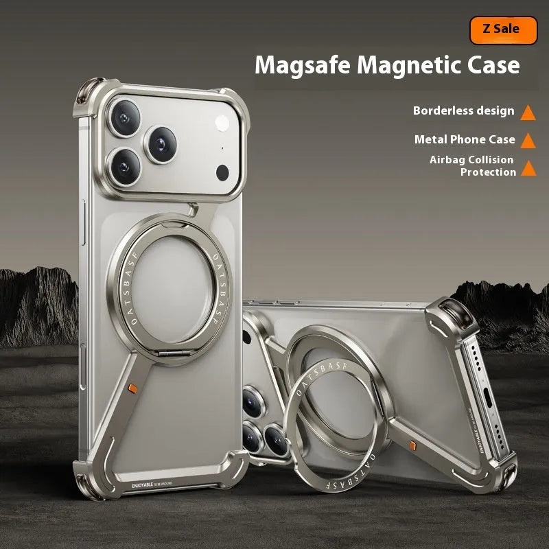 Black metal iPhone 17 Pro Max case with magnetic bracket showing magnetic attachment points