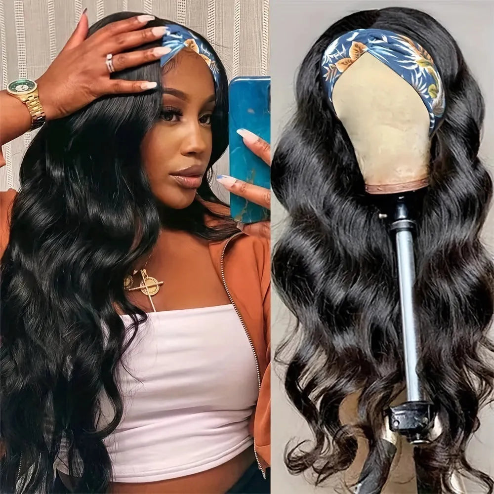 Headband wig with long straight synthetic hair in black colour