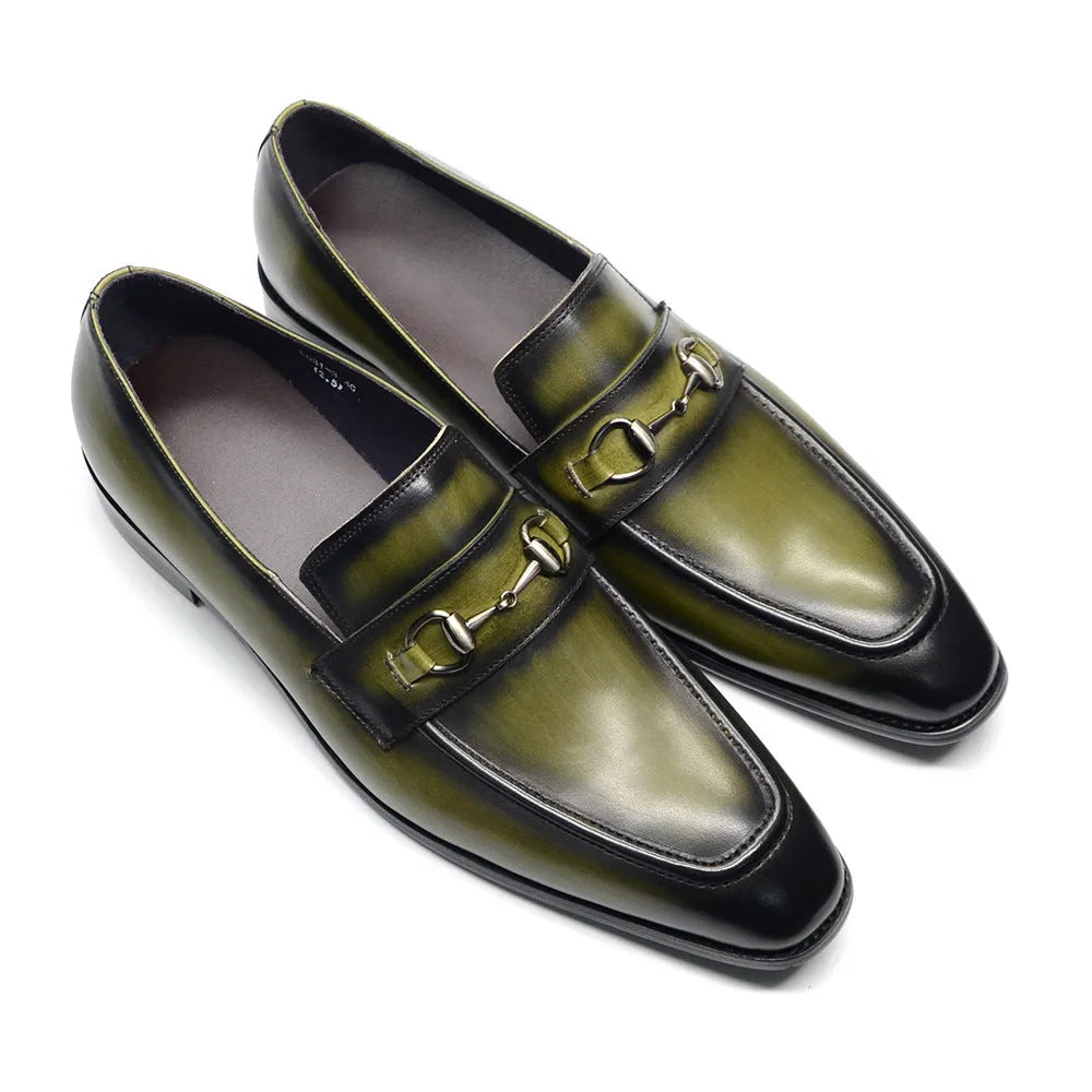 Men's cowhide leather slip-on shoes with pointed toe, low horseshoe heel, plaid print, green or black
