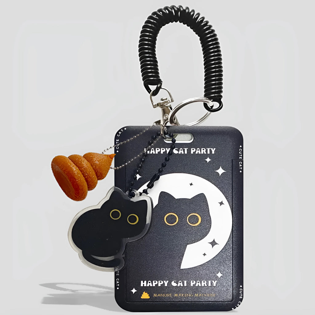 Plastic card sleeve with cartoon black cat design and attached ferrule pendant for keychain attachment
