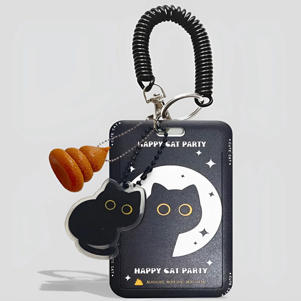 Plastic card sleeve with cartoon black cat design and attached ferrule pendant for keychain attachment