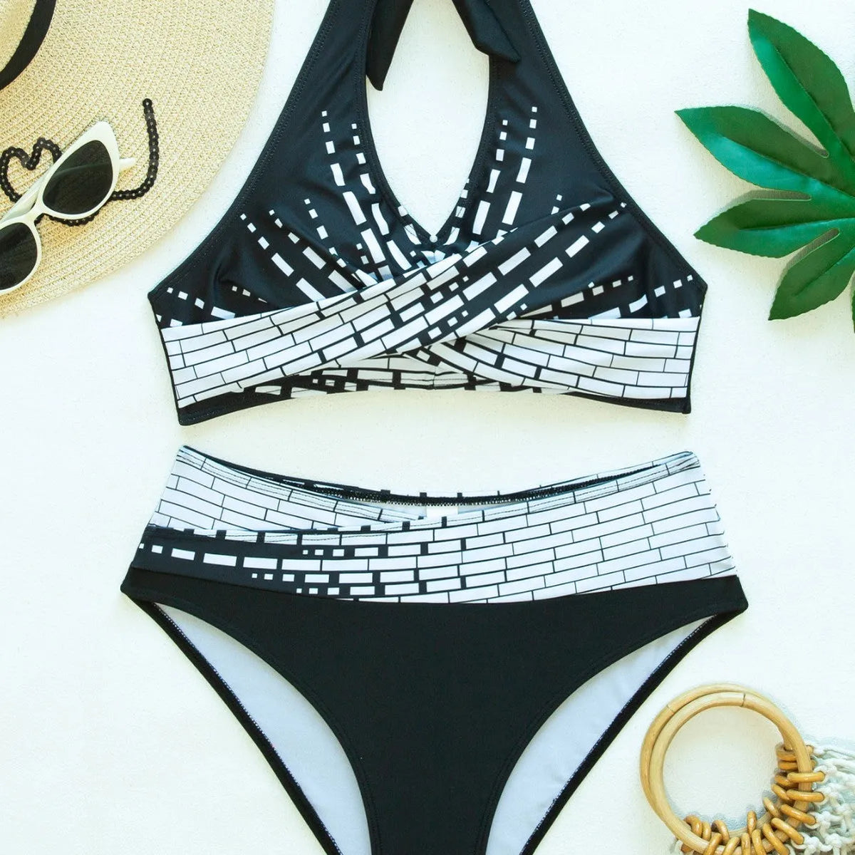 Women's two-piece bikini swimsuit with halter neck, high chest and contrast colour layered top, sizes S-XXL