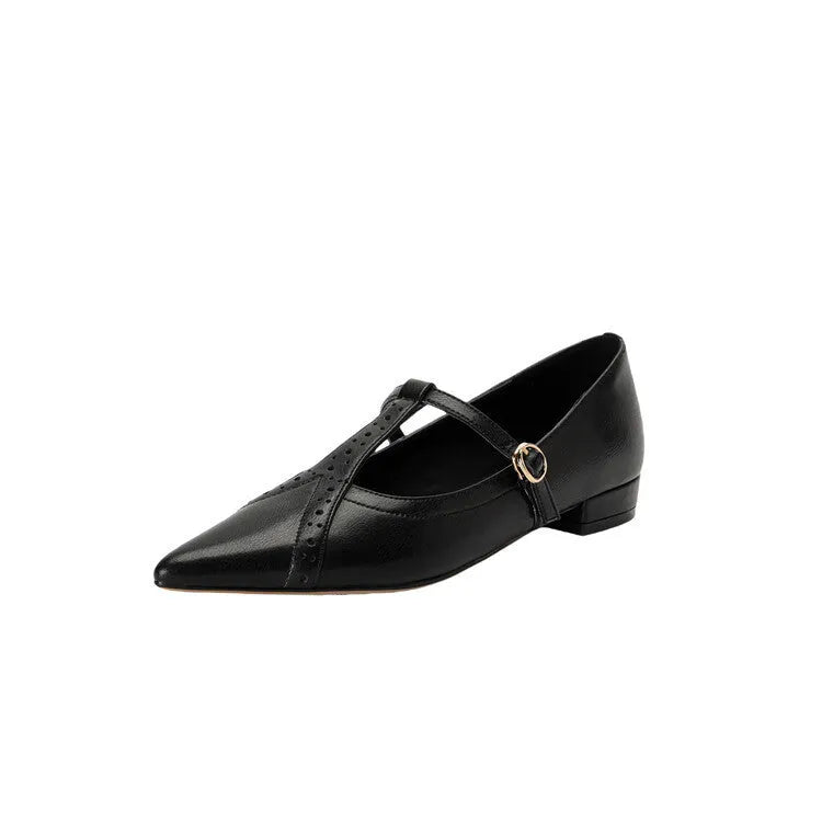 Women's brown cowhide leather flat shoes with rounded toe and soft sole design
