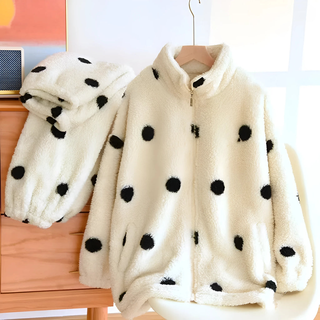 Women's fleece-lined thick casual suit in black and white, flannel two-piece set for winter and autumn