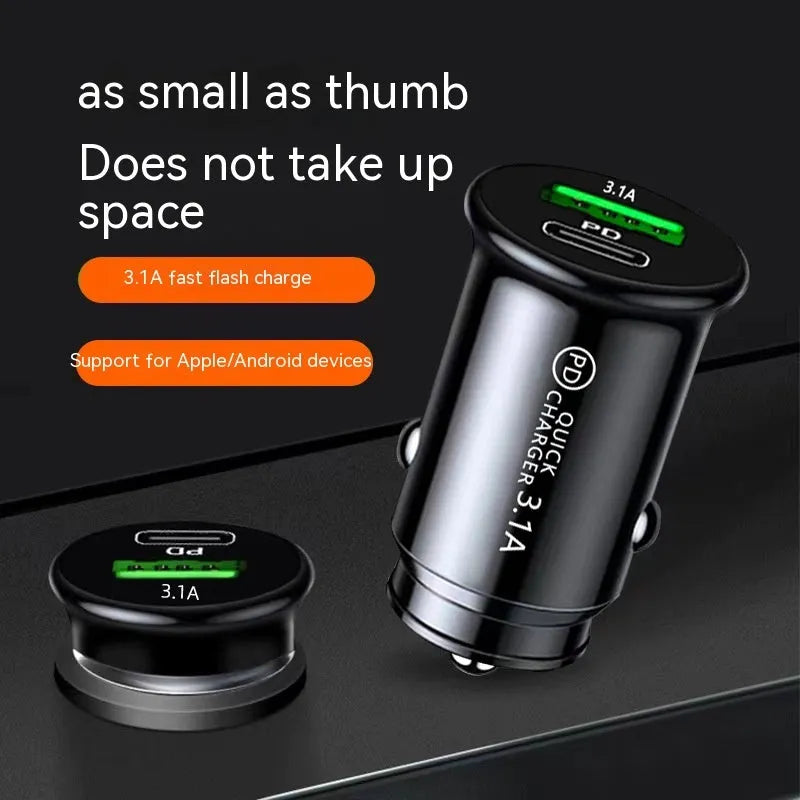 Black dual port car charger with USB-A and USB-C ports for 12V/24V vehicle charging