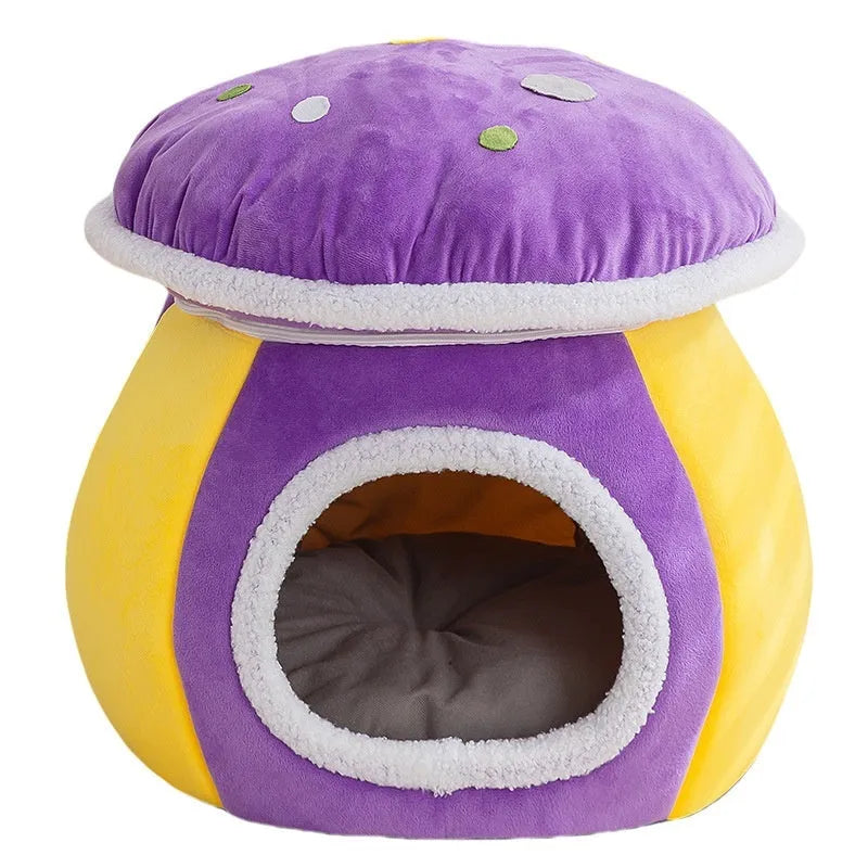 Mushroom-shaped plush cat nest bed in grey, pink or purple colours showing thermal texture