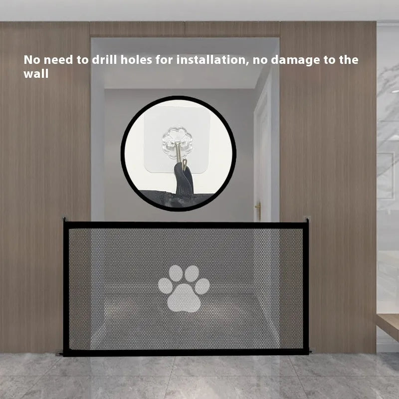 Portable folding dog barrier safety net fence with pet doorsill design in black or white dog footprints
