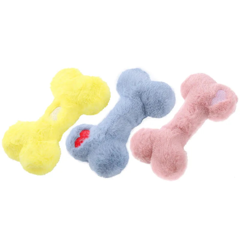 Love bone shaped plush dog toy in blue, pink or yellow colours with vocal interactive features
