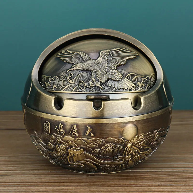 Bronze decorative ashtray with smoke extinguishing slot featuring traditional dragon design