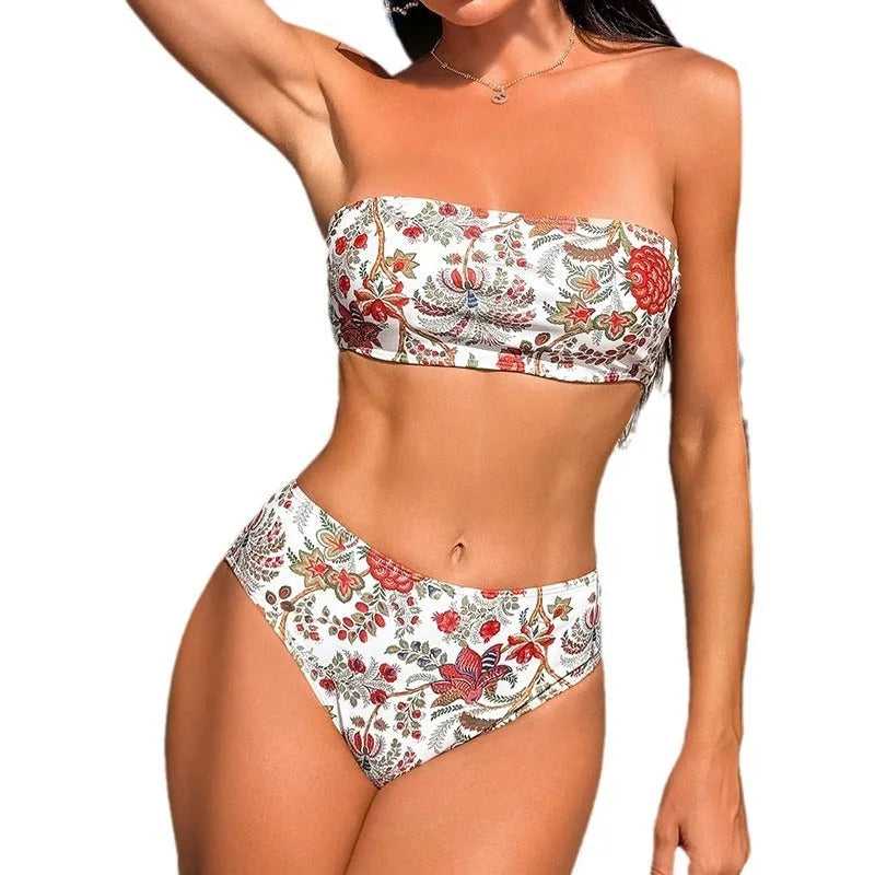 Women's printed bandeau swimsuit two-piece set with matching shorts on a white background.