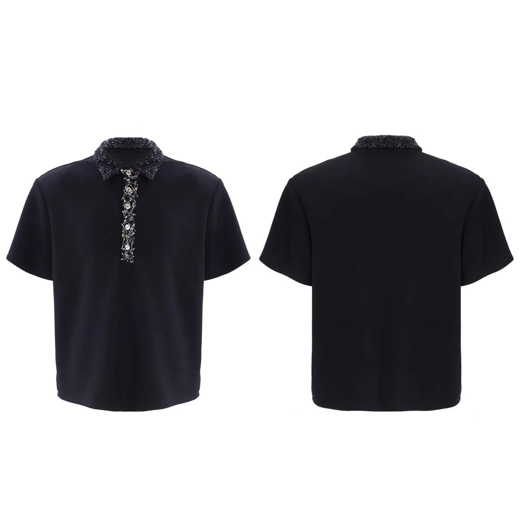 Men's loose fit square collar polo T-shirt in black, short sleeves, solid colour.