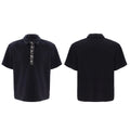 Men's loose fit square collar polo T-shirt in black, short sleeves, solid colour.