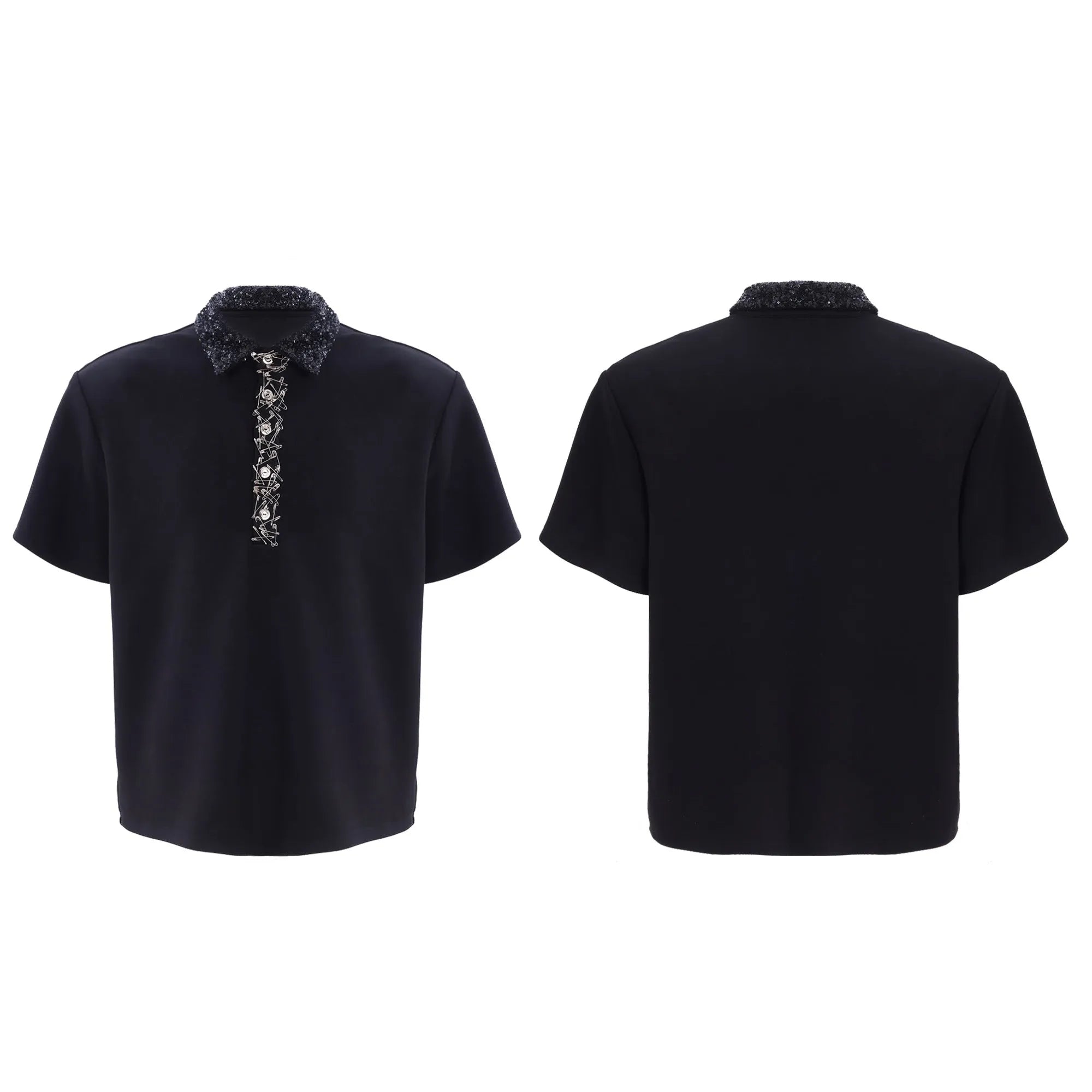 Men's loose fit square collar polo T-shirt in black, short sleeves, solid colour.