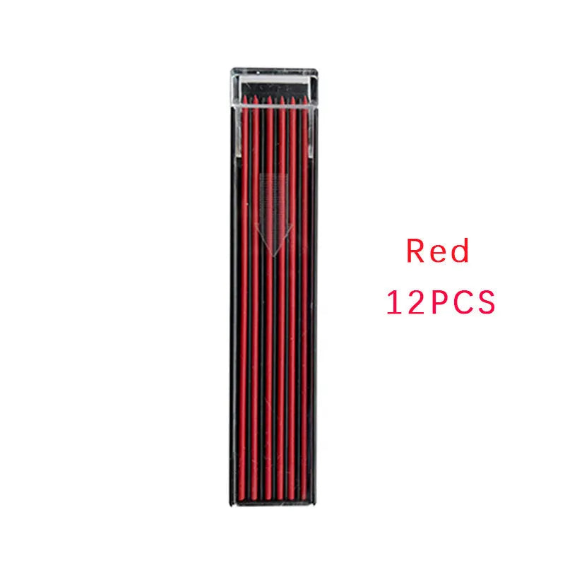 Plastic box containing 12 refill leads for a 0.5mm mechanical pencil in various colours.
