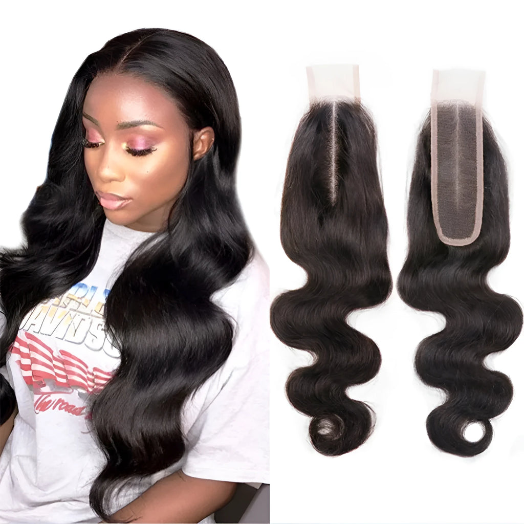 A woman wearing a straight, natural colour human hair wig with long, sleek strands.