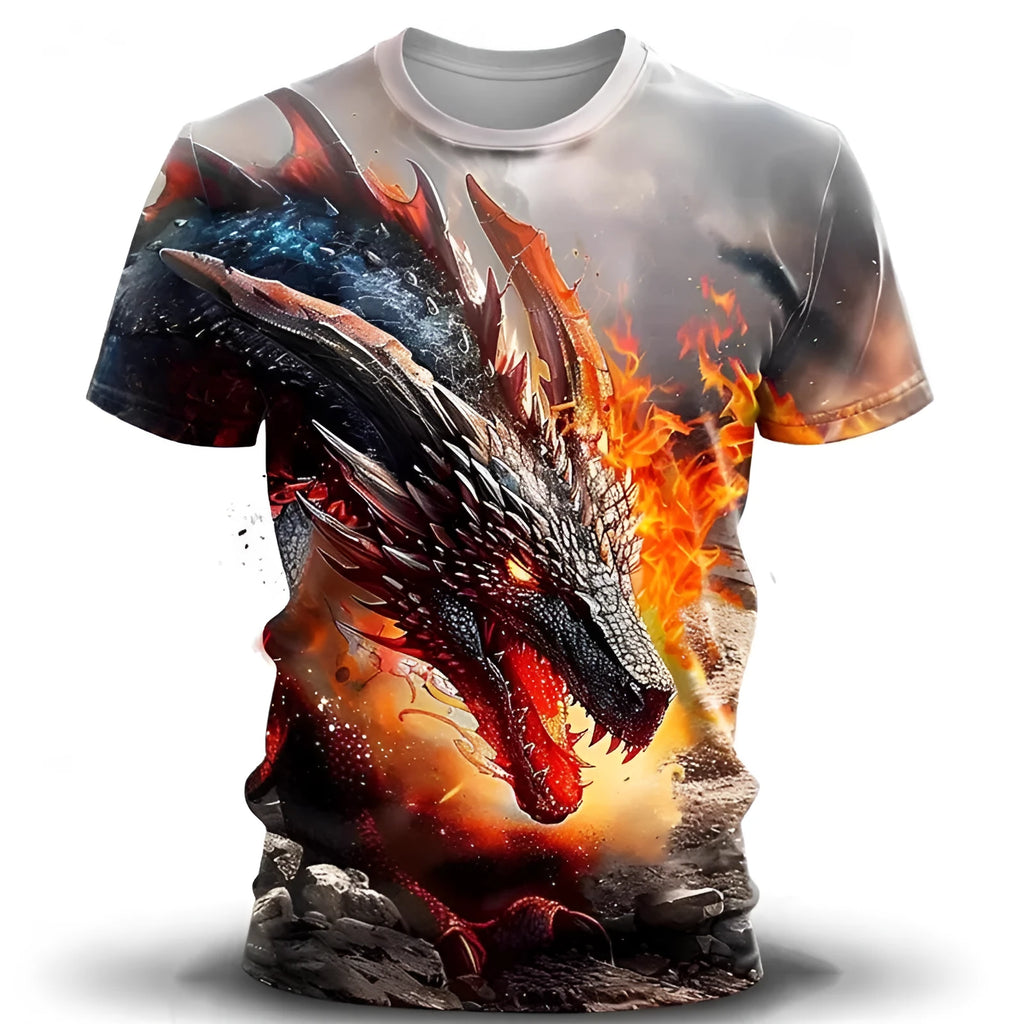 Men's grey T-shirt with a large, detailed 3D wind dragon graphic print on the front.
