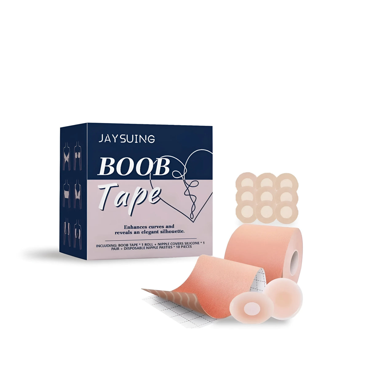 Breast lifting patch set with silicone chest stickers, skin colour breast stickers, and chest lifting roll.
