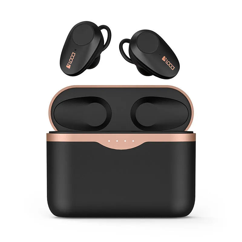 Black wireless Bluetooth headset with charging case showing ANC noise cancellation and dual charging options