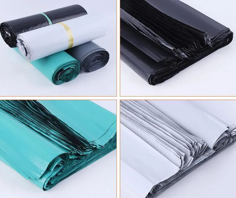 A bundle of 100 clear and coloured PE plastic courier bags with sticker seals for clothing protection.
