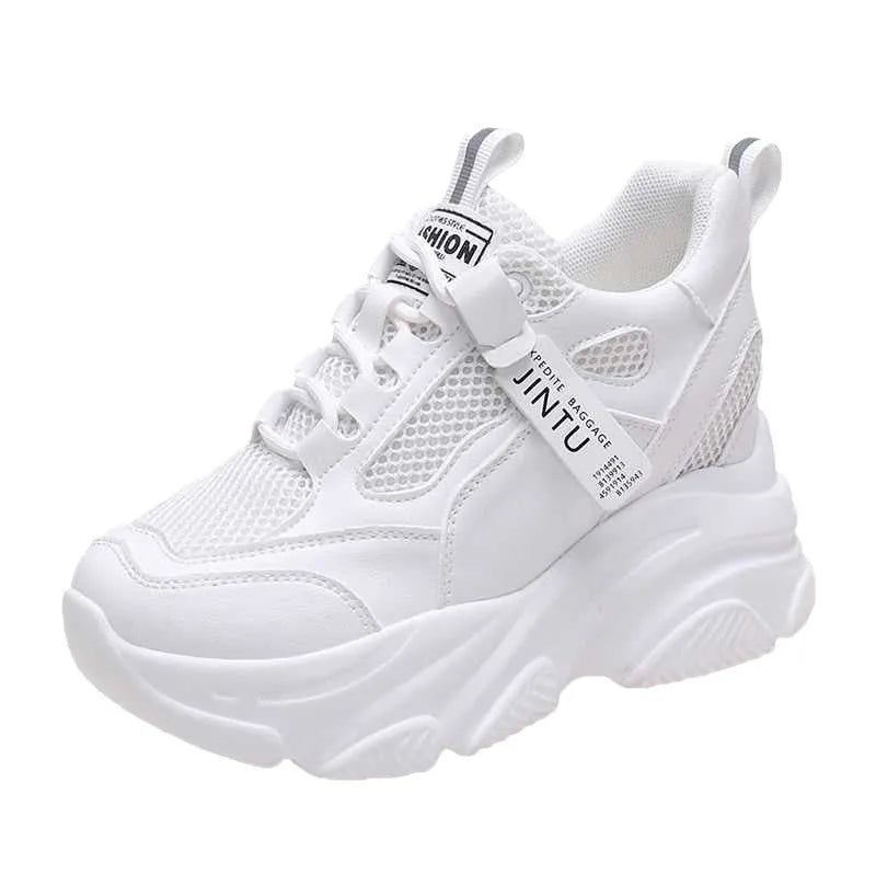 Women's black mesh platform casual shoes with a hollow-out toe holder design on a white background.
