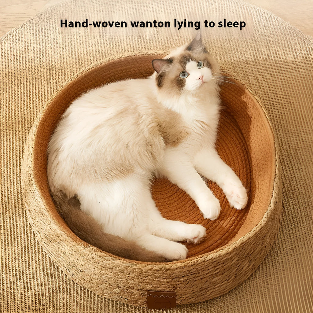 PE rattan cat litter and scratch board integrated nest bed in dark green or brown, sizes S 35x10cm, M 40x11cm, L 48x12cm