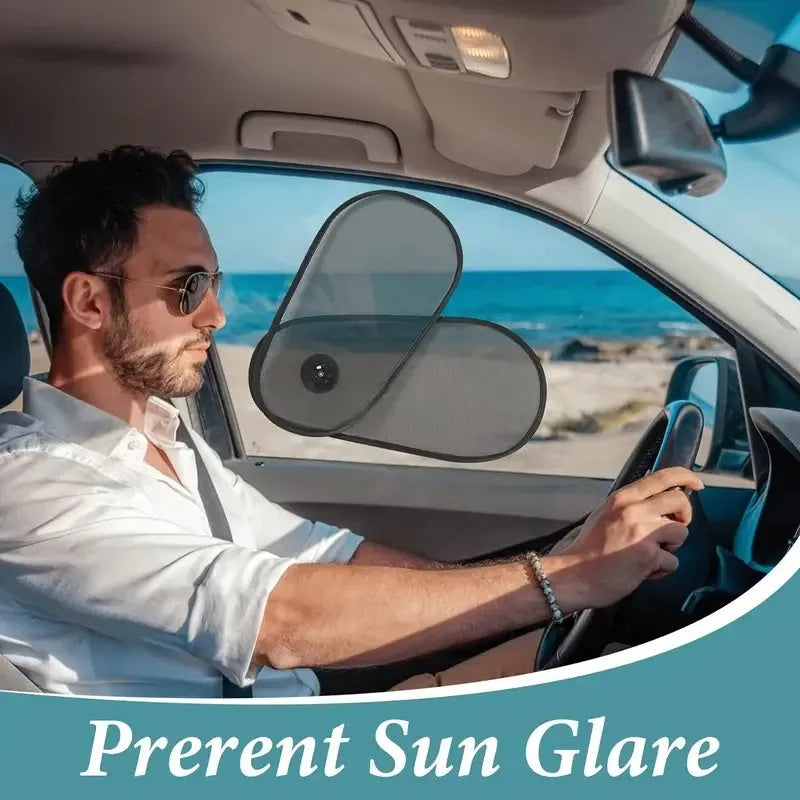 Black adjustable car window shade with suction cups mounted on vehicle side window