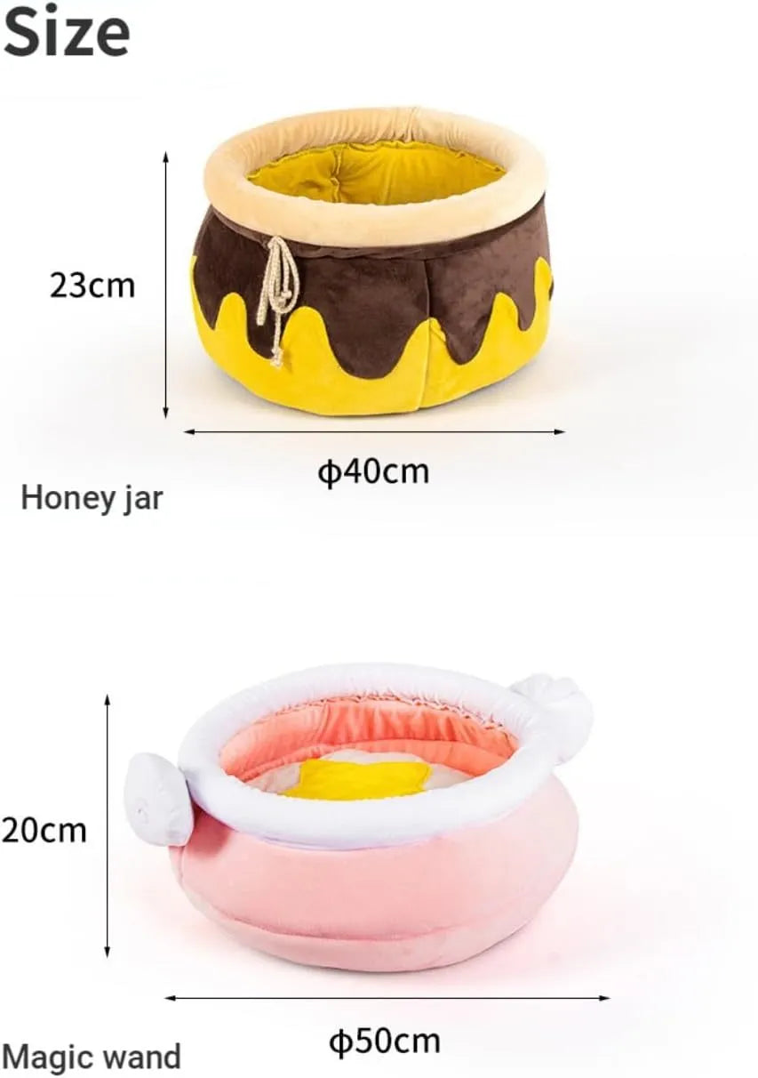 Honey pot shaped cat sofa bed with magic wand design in soft fabric, showing removable nest pad.