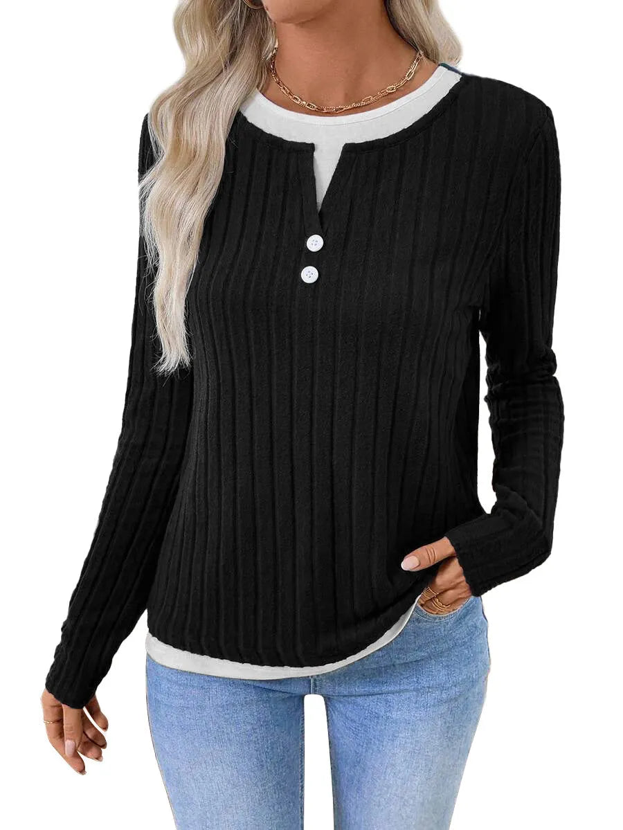 Women's fake two-piece round neck button pullover grinding sweater in concave stripe polyester.