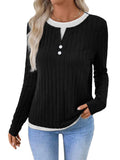 Women's fake two-piece round neck button pullover grinding sweater in concave stripe polyester.