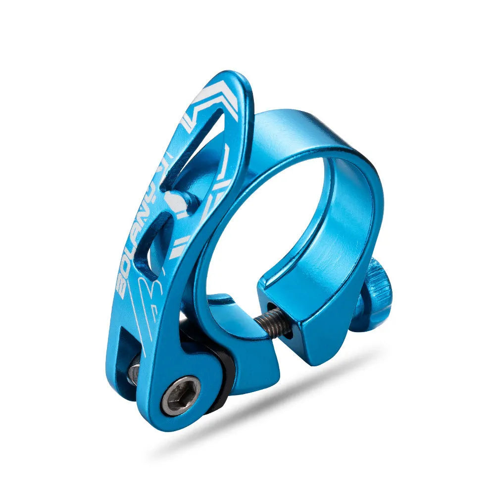 Aluminium mountain bicycle seat post clamp in black, blue, gold, or red, showing 31.8mm and 34.9mm size options.