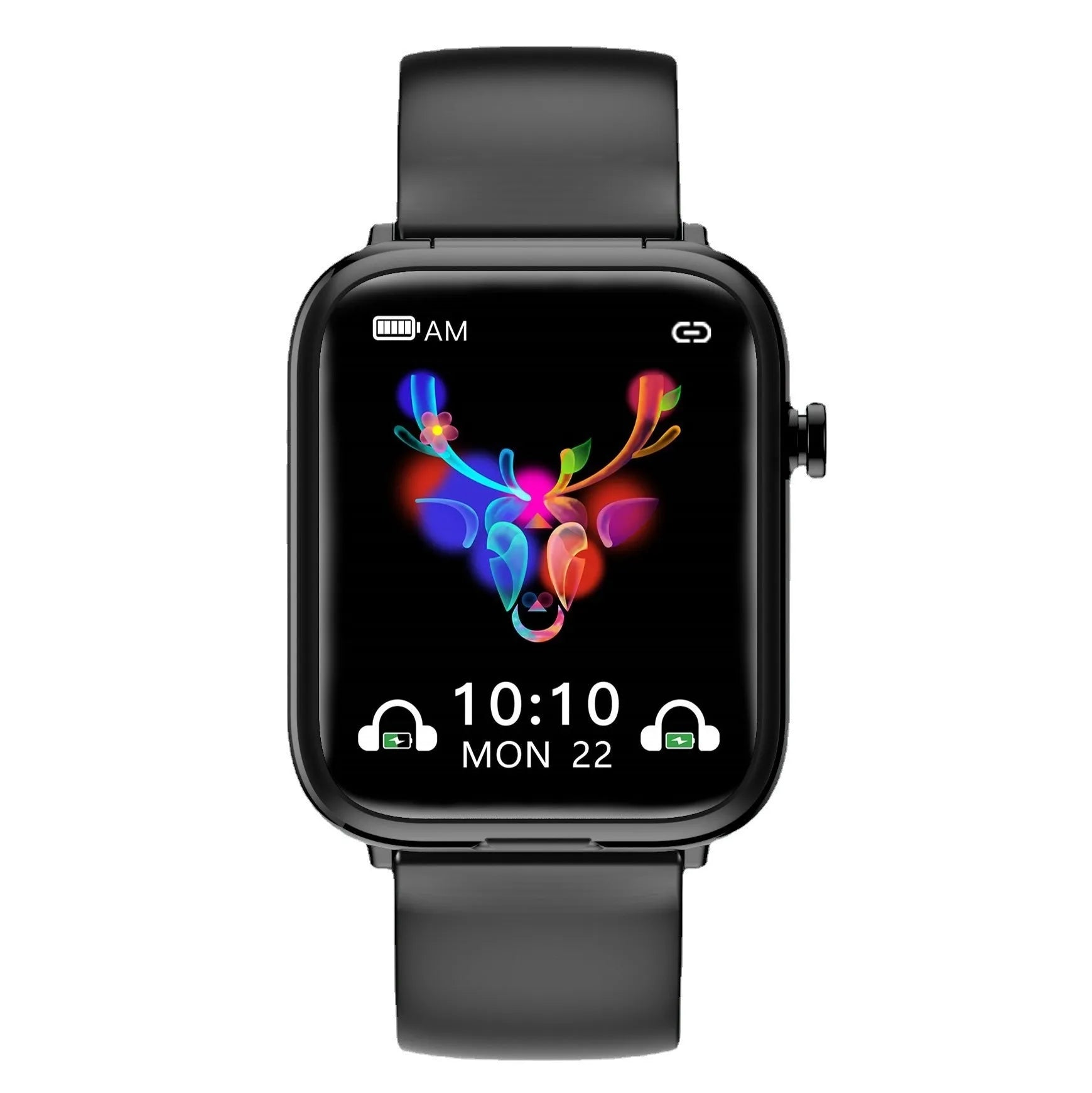 Black zinc alloy smartwatch with touch screen next to its wireless Bluetooth earbuds and charging case.