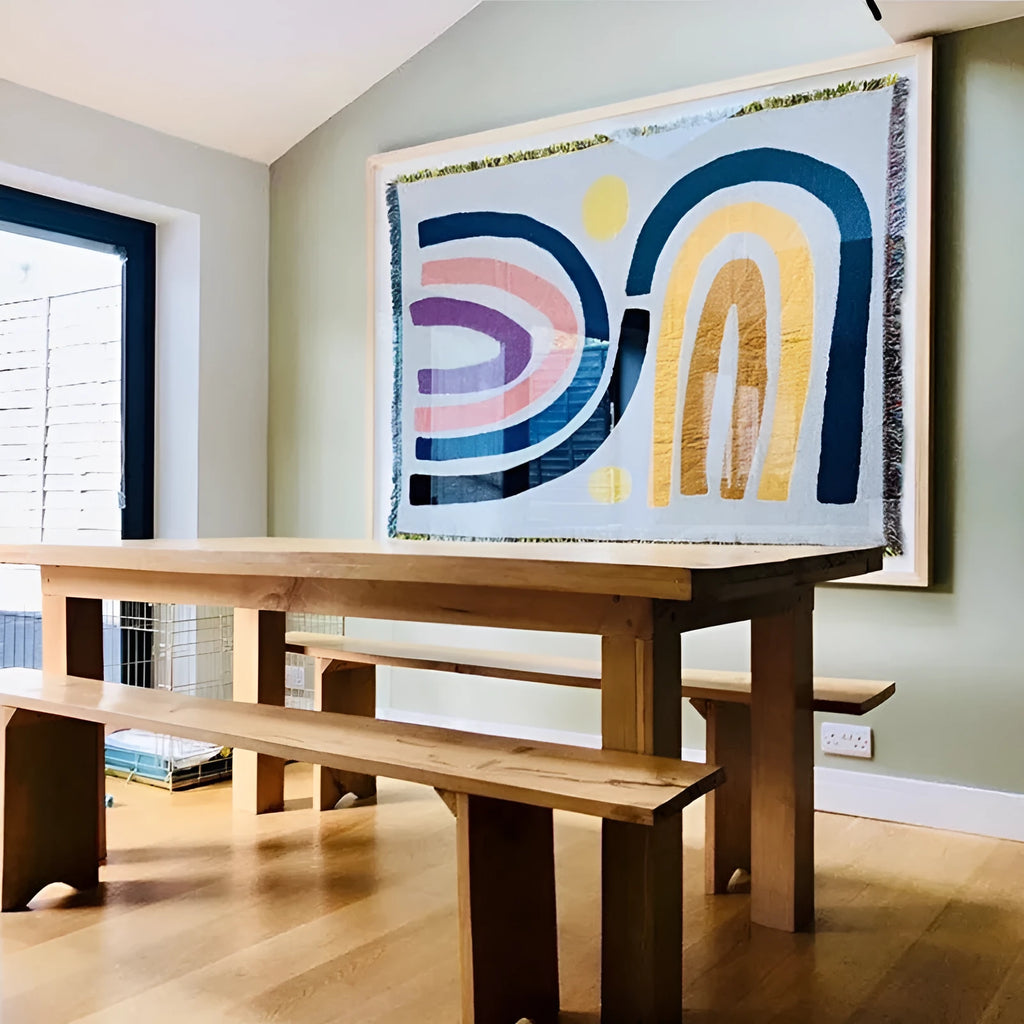 Rainbow geometric blanket tapestry in polyester cotton, available in 120x150cm and 150x210cm sizes