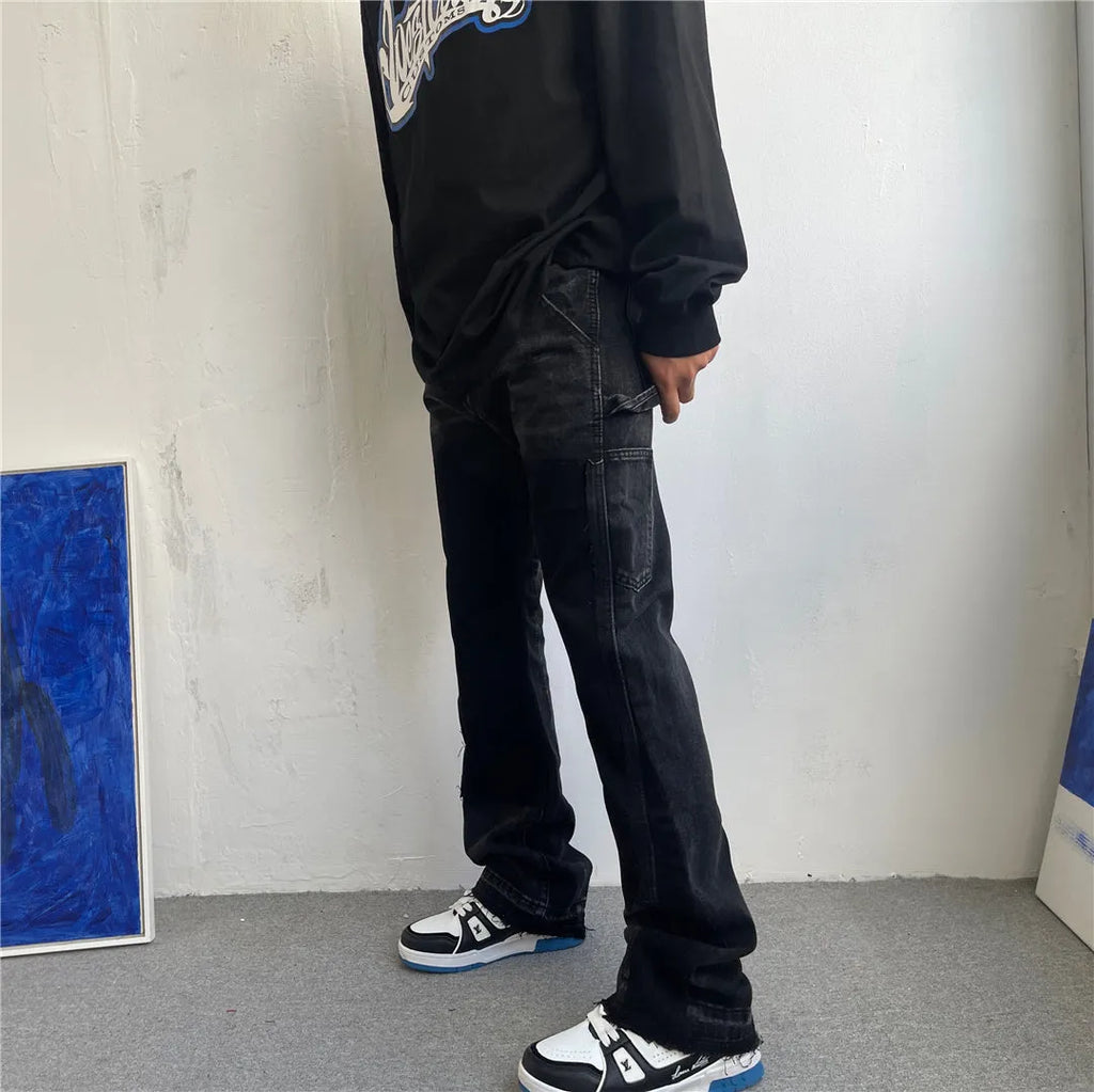 Black micro flared patchwork jeans with raw edge seams and loose straight tube leg, sizes S to 2XL