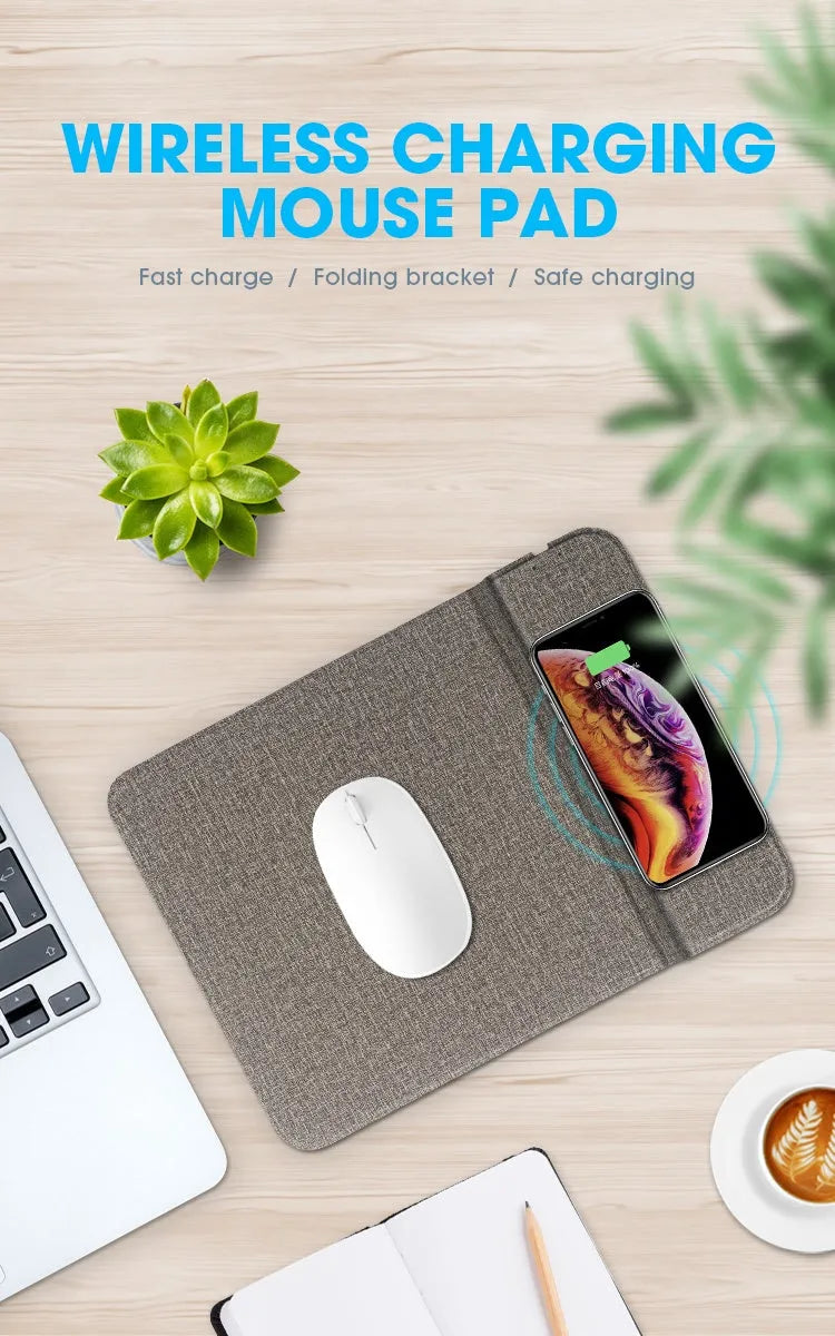 Foldable cloth wireless charging phone holder stand showing charging specs: 5W/10W, 8mm distance.