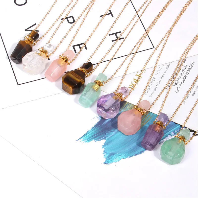 Perfume bottle pendant necklace in tiger eye and crystal with European and American style and colour codes FI0636 to FI0644