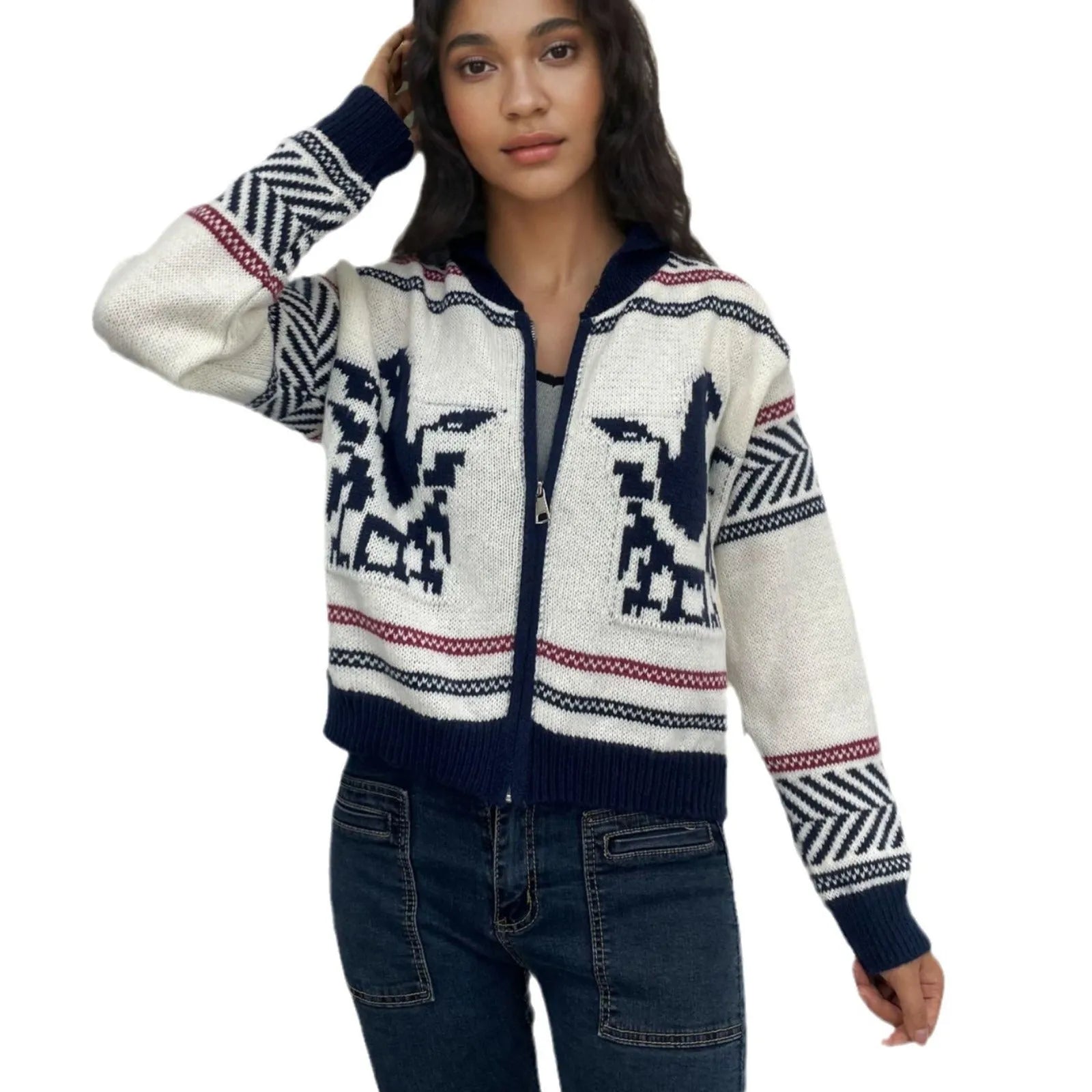 White women's zip-front cardigan sweater with a contrasting jacquard lapel and stripe pattern.
