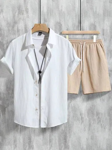 Men's casual Hawaiian outfit with 3D printed design showing short sleeve top and matching shorts