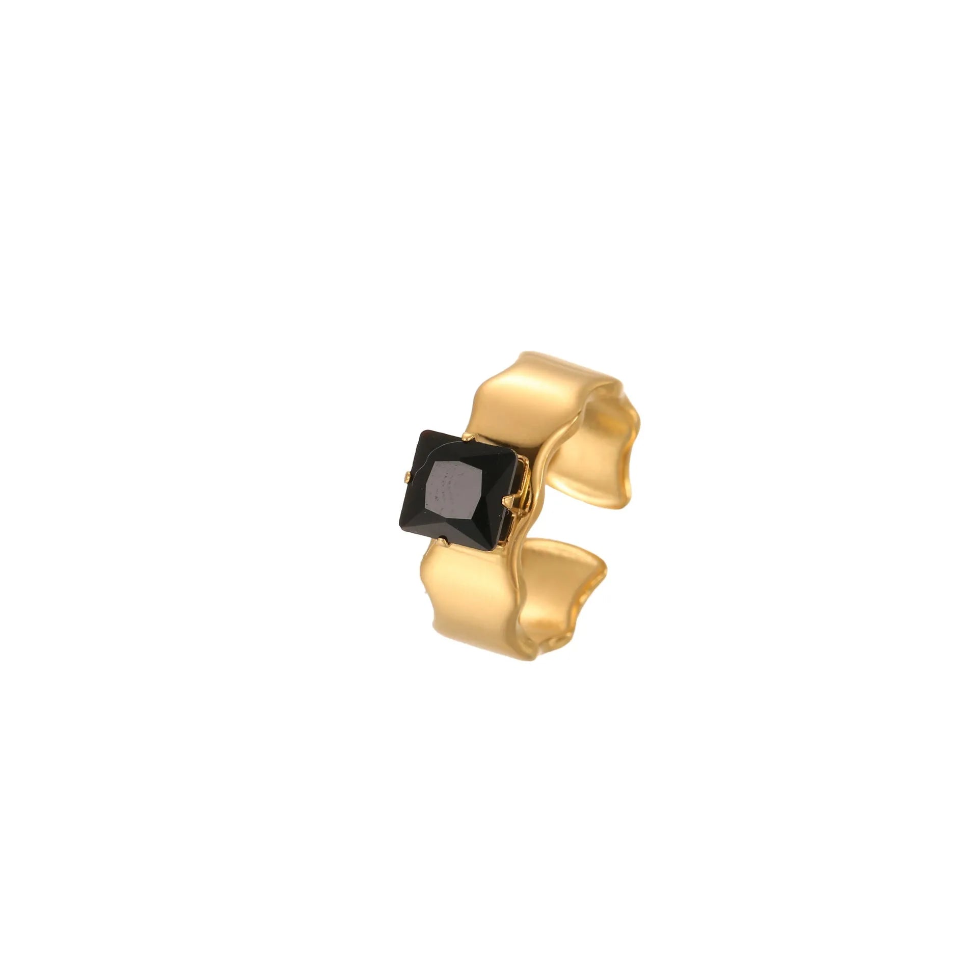 Women's open mouth titanium steel ring with geometric design and inlaid zircon stones on finger
