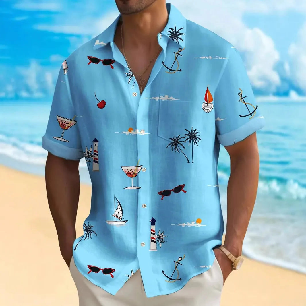 Men's loose fit Hawaiian shirt with digital print pattern in polyester fabric.