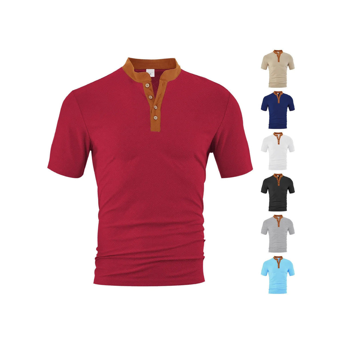 Men's loose fit short sleeve button-up shirt in polyester, available in six colours and sizes S to XXXL.
