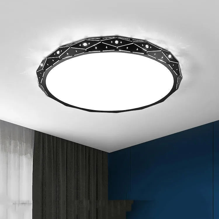 Round iron LED ceiling lamp with a black frame and dimmable light, mounted on a white ceiling.