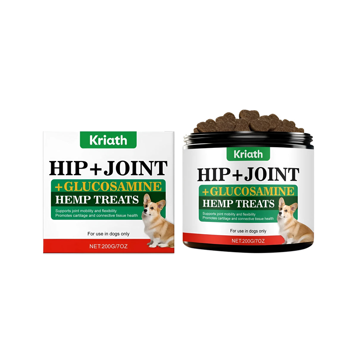 200g tub of dog joint supporting soft particles with glucosamine chondroitin MSM flaxseed mussel hemp and hyaluronic acid