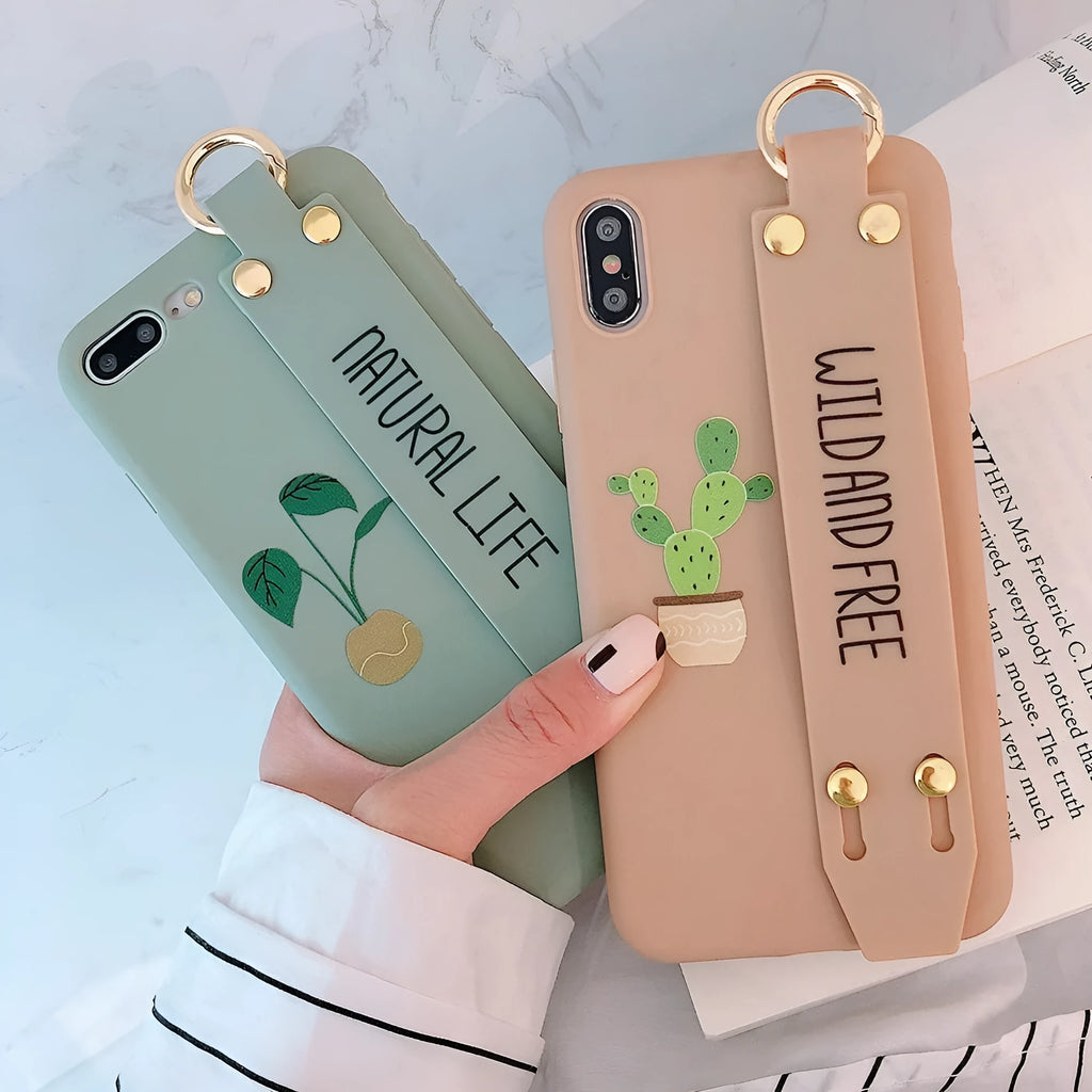 Green graffiti pattern wristband holder phone case for iPhone with integrated strap loop