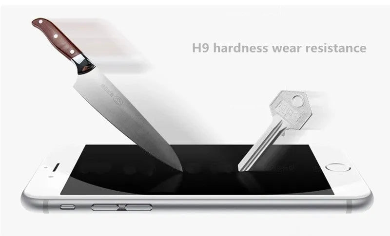 9H hardness tempered glass screen protector for iPhone and Samsung phones on a clean surface.