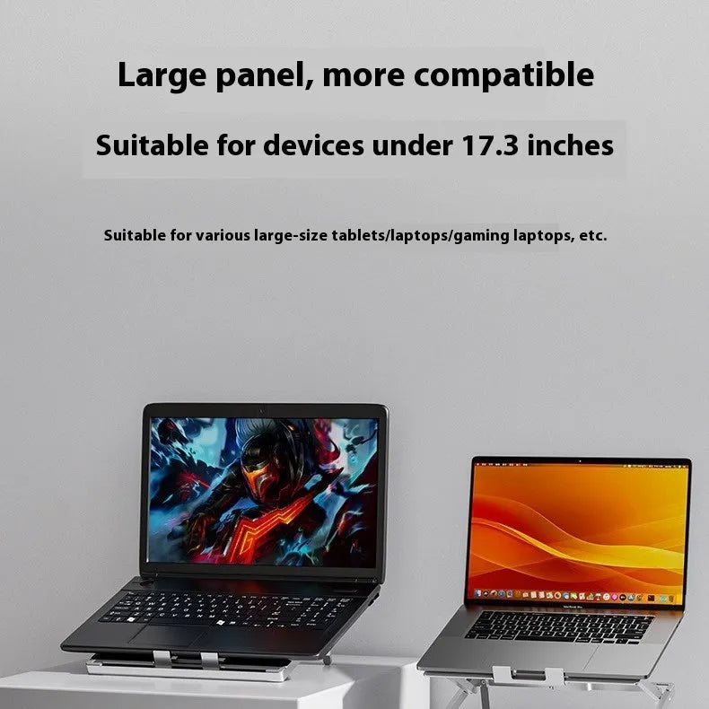 Silver aluminium alloy folding laptop cooling rack on a wooden desk.