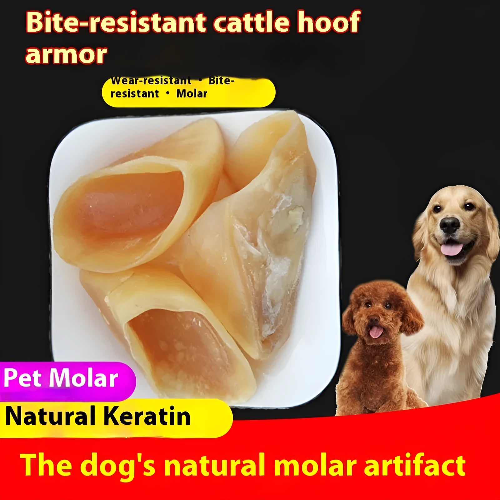 Natural cowhide bovine hoof shell dog chew toy shown in small and large size options.